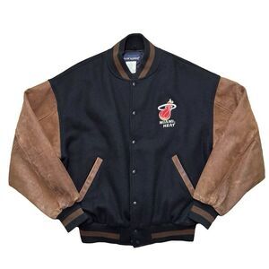 Vintage 90s Miami Heat Leather Wool Letterman Bomber Jacket Size L Mens